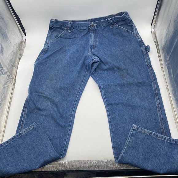 Wrangler Five Star Heritage Carpenter Blue Jeans Mens 38x32 Work Pants SPOTS - Picture 2 of 12